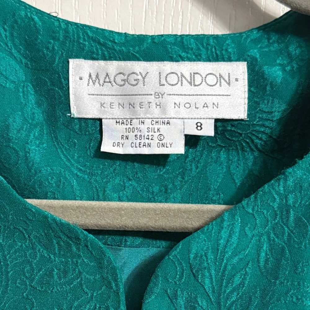 Vintage Maggy London Teal 100% Silk Brocade 2Pc Skirt Suit Set Blazer Deadstock